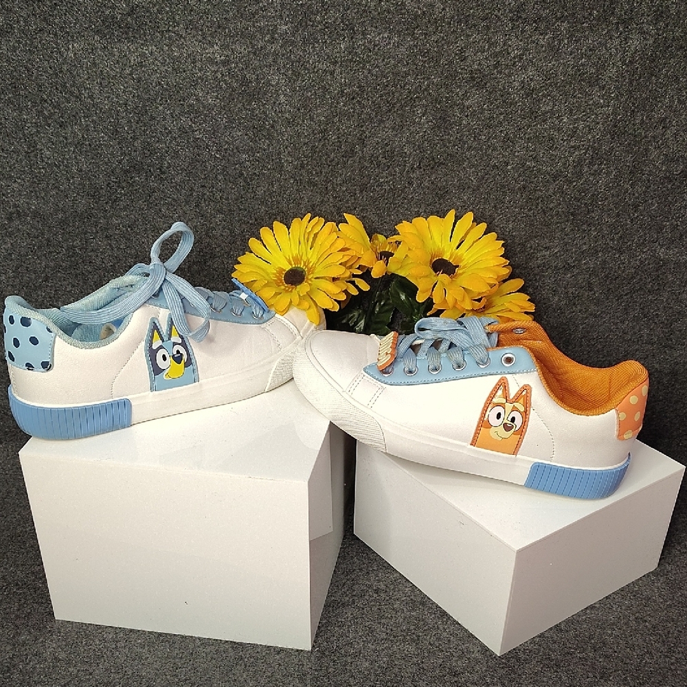 Women's Cartoon Character Sneakers - White, Blue, and Orange